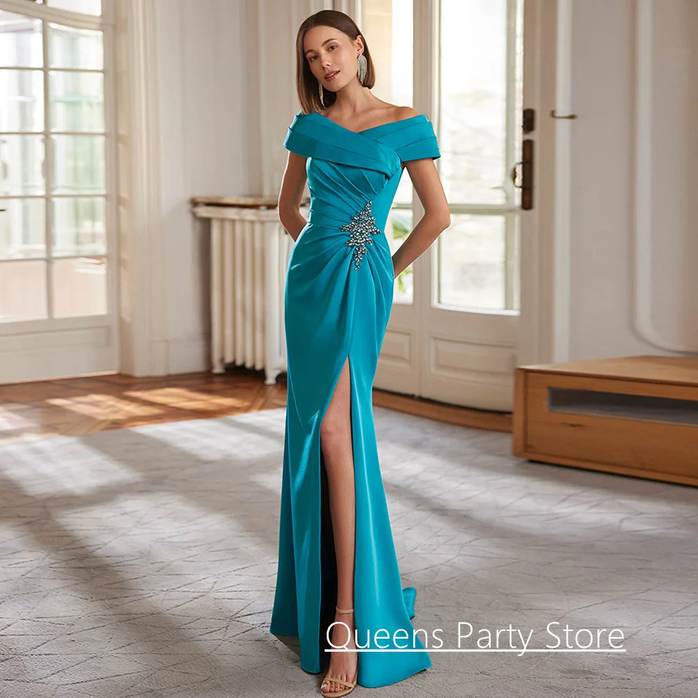 Mother of The Bride Dress Customized Sexy Off Shoulder V Neck Pleat Beading Slit Sweep Train Wedding Guest Gown Evening Dresses