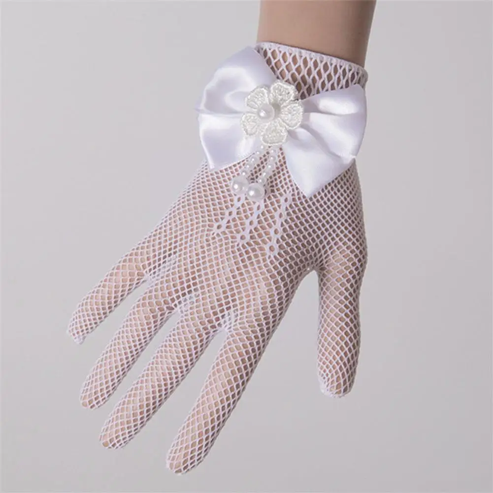 Net Bow Tie Dress White Gloves Wedding Dress Princess Gloves Children White Flower Princess Gloves for Children Girls