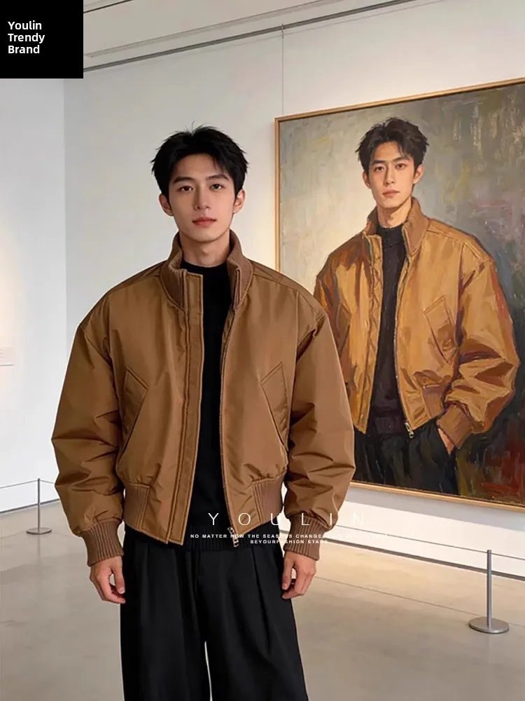 American Style Short Bomber Jacket Men's Spring High Sensation Cool Teenage Flight Jacket Baseball Uniform Loose Fit Cotton