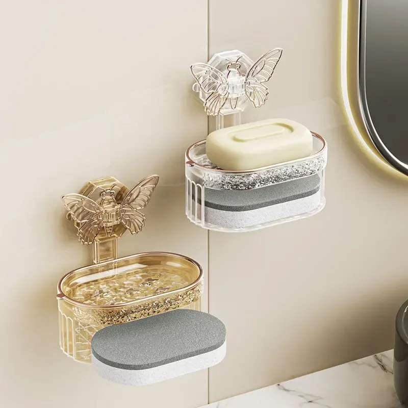 Suction Cup Soap Holder with Butterfly Design Double Layer Soap Box with Sponge and Drainage No Drilling Soap Storage Shelf