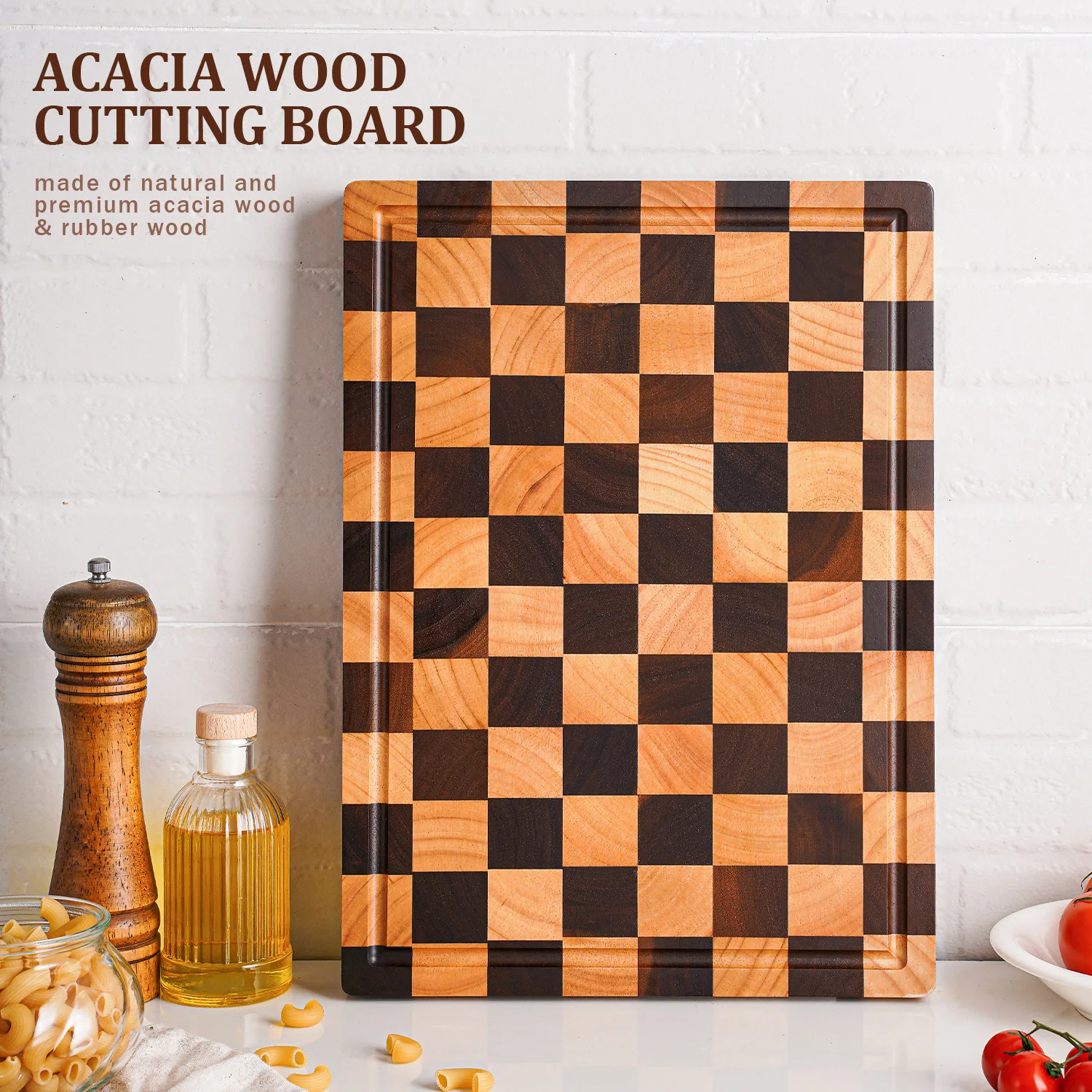 

15.7 inch Acacia Wood Cutting Boards Kitchen Large End Grain Wooden Cutting Boards with Juice Groove for Chopping Meat, Cheese