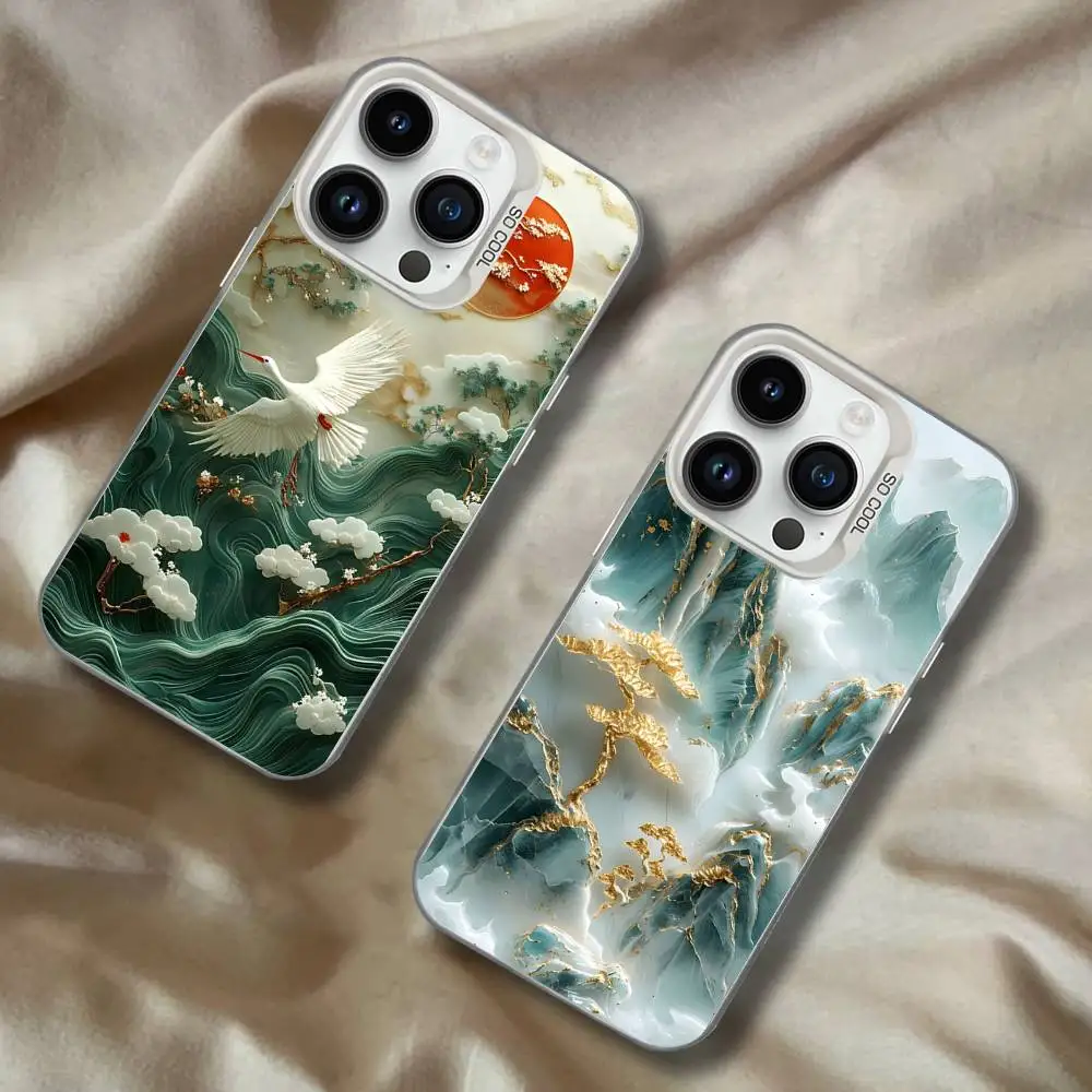 

Auspicious INS Green Mountain Chinese Style For iPhone 17,16,15,14,13,12,11,Mini,Pro White Shockproof Candy Matte Cover