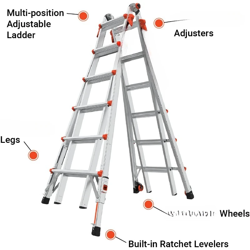 Ladders, Velocity with Ratchet Levelers, 26 ft, Multi-Position Ladder, Aluminum,  300 lbs Weight Rating