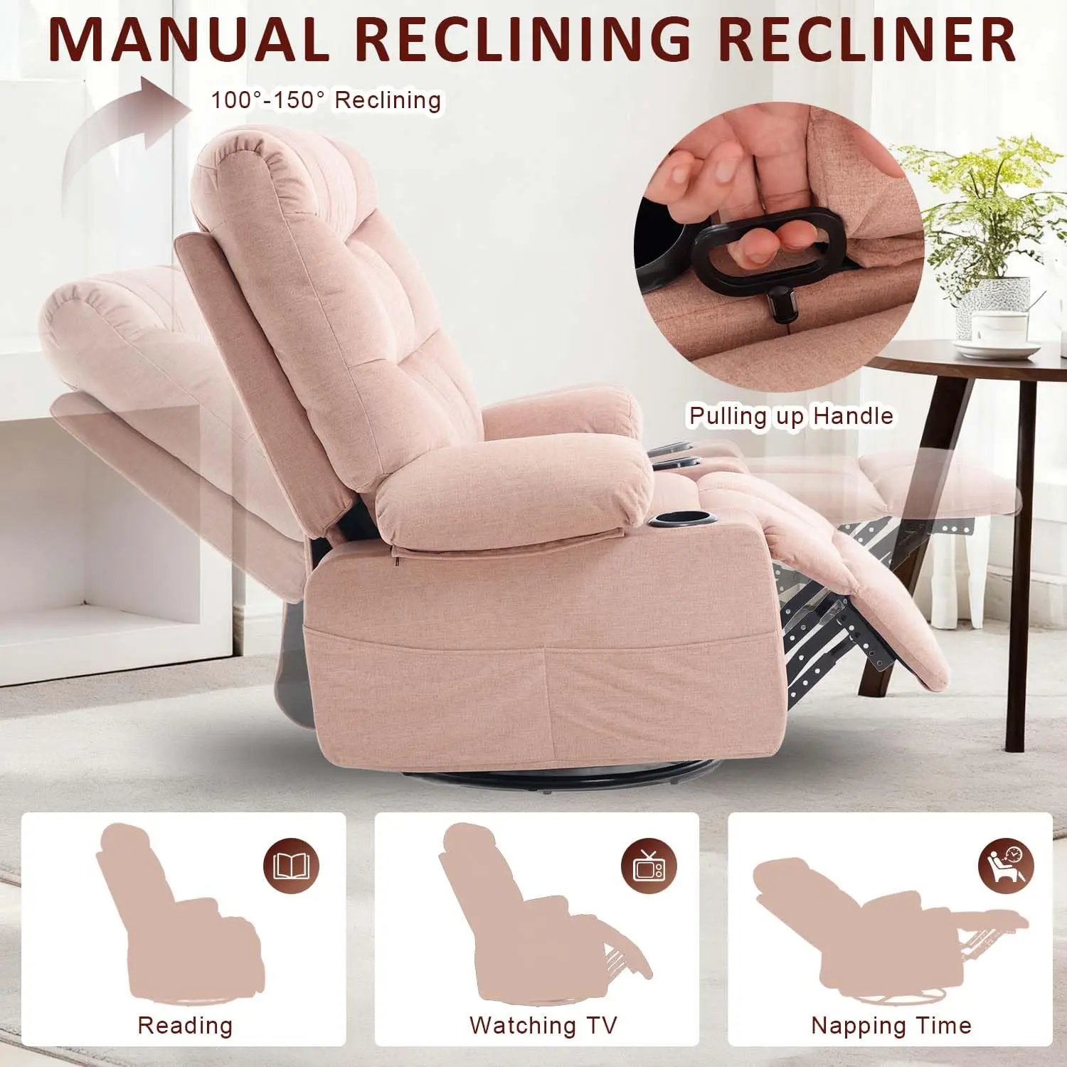Swivel Rocker Recliner Chair With Massage And Heat, Fabric Heated Reclining Chairs Manual Recliner For Adults, Nursery Rocking G