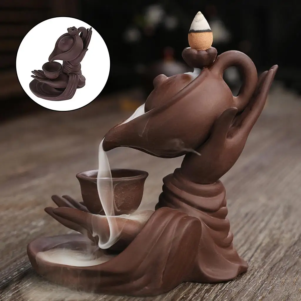 Buddha Hand & Teapot Shaped Incense Cone Burner Holder Waterfall Backflow Home Meditation Rooms Decor