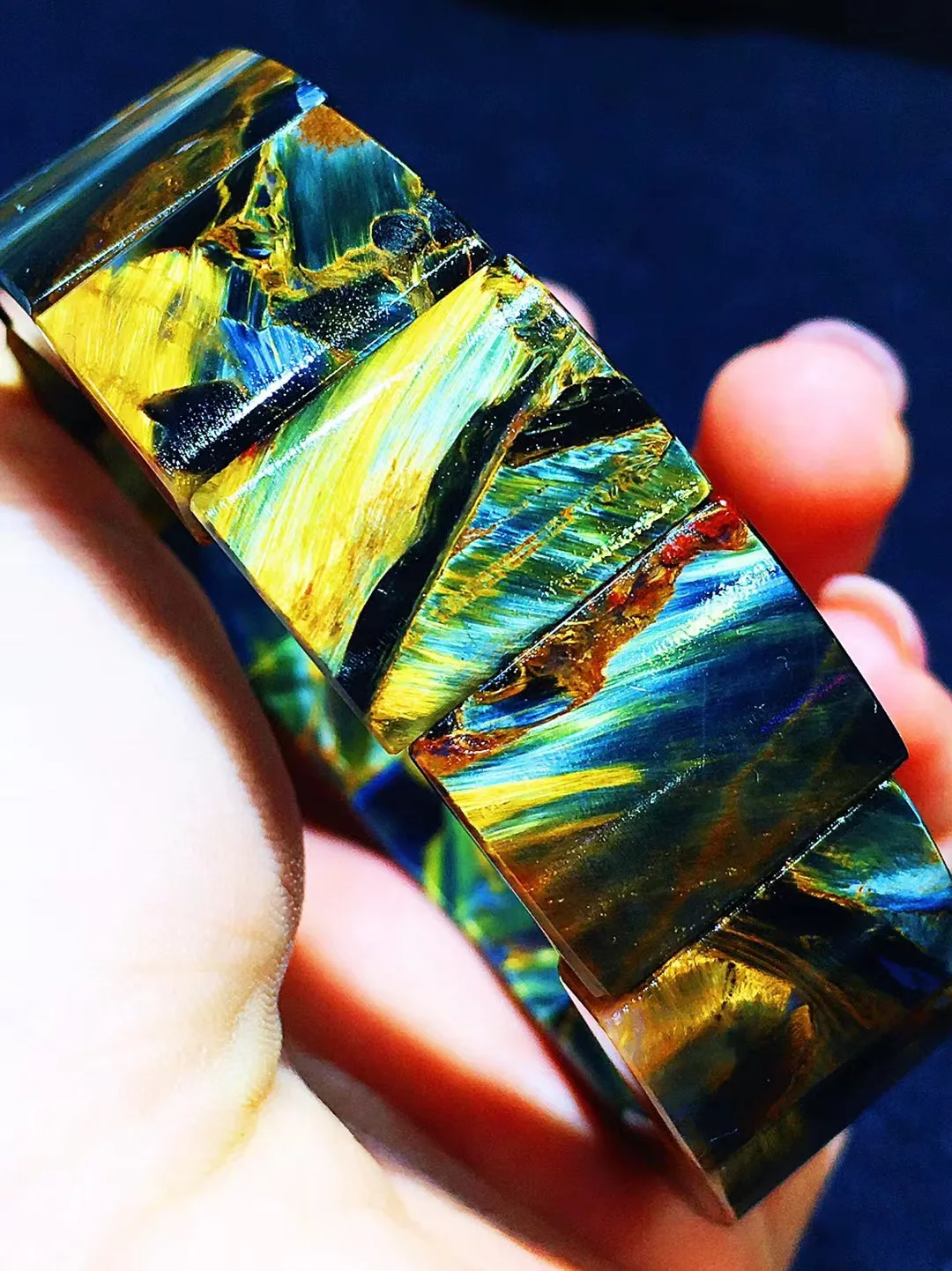 Natural Yellow Blue Pietersite Chatoyant Bracelet Bangle 17.6x13.3x7mm Rectangle Healing Cat Eye Namibia Women Men AAAAAA
