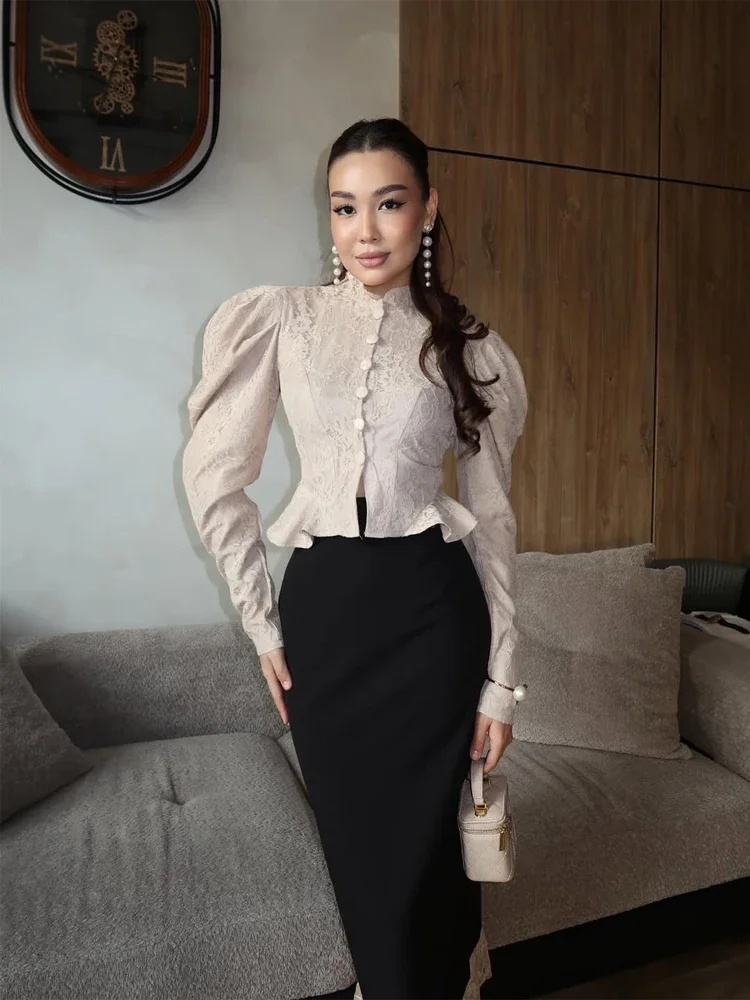 White Lace Victorian Blouse Women Puff Sleeve Stand Collar Buttoned Peplum Hem Top Spring Elegant Vintage Party New