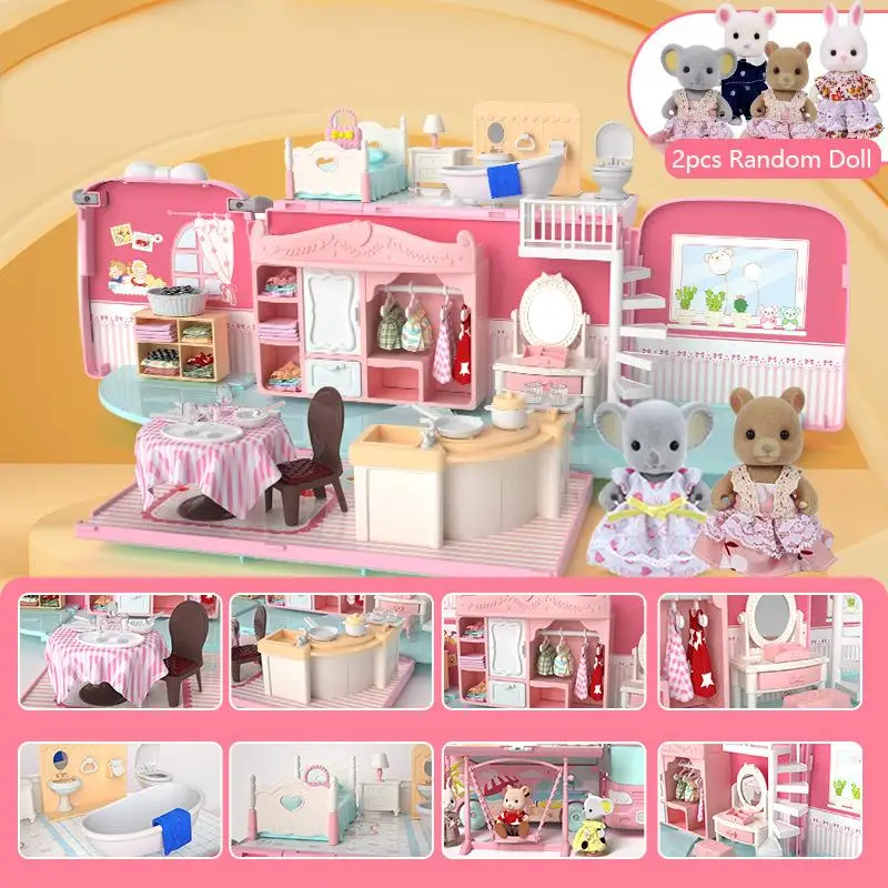 Koala Tour Bus Dollhouse DIY Miniature Pretend Play House Toy Dresser Kitchen Furniture Doll Villa Educational Toy Girl Gift