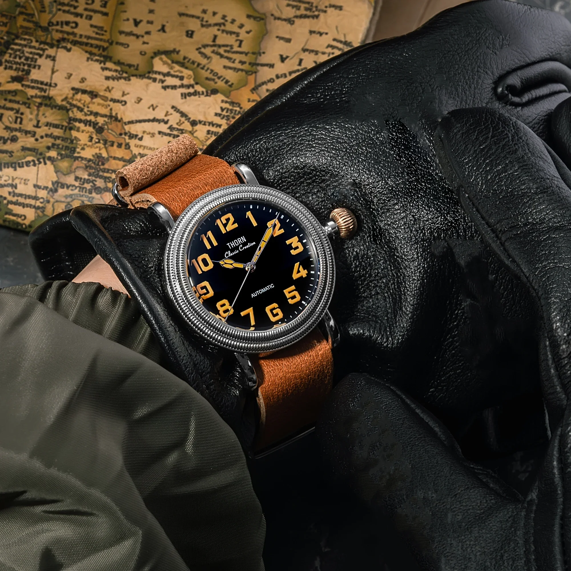 【T014】ساعة ثورن بقطر 41 ملم ساعة طيار عتيقة PT5000 ساعة حركة ميكانيكية أوتوماتيكية هدية للرجال زجاج الياقوت