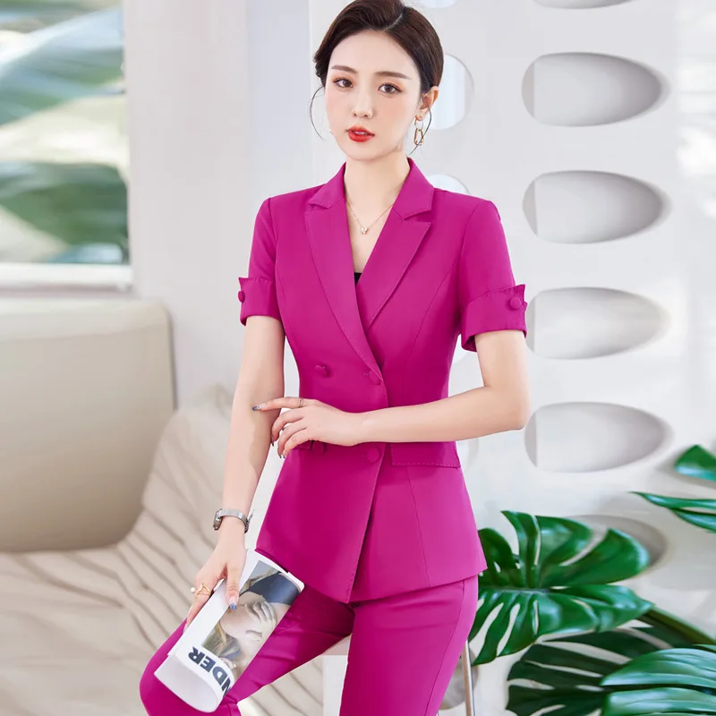 Newest Spring Summer Women Business Suits with Pants and Jackets Coat Short Sleeve Professional Pantsuit Office Work Wear Blazer