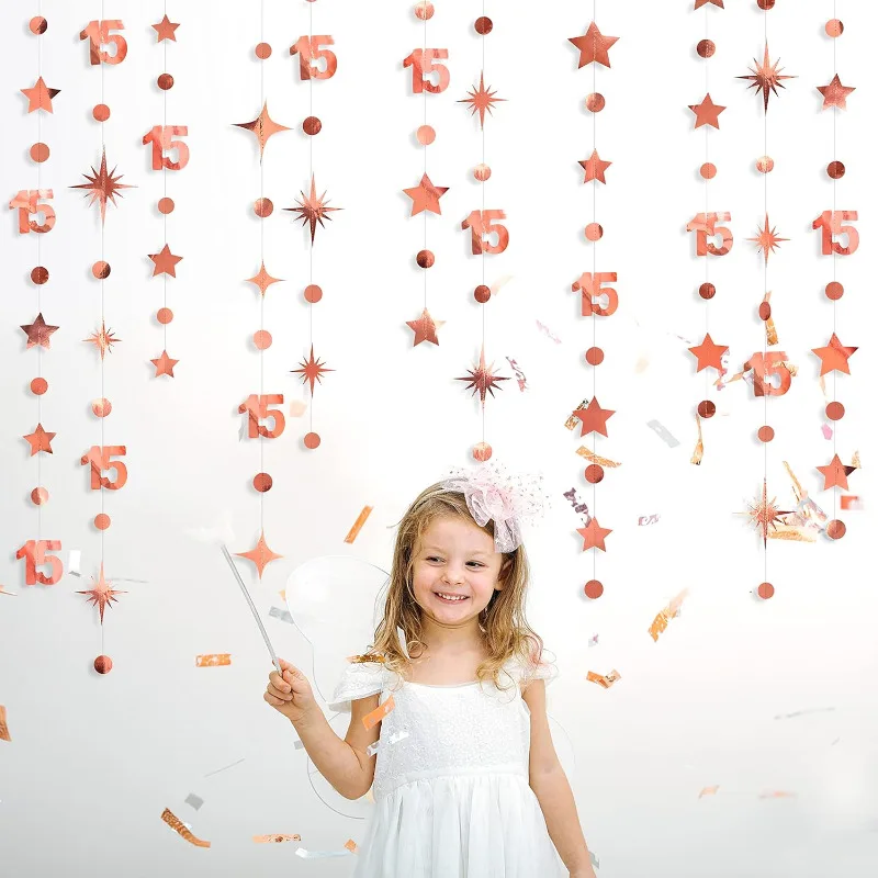 Rose Gold 15th Birthday Banner Decorations Number 15 Circle Dot Twinkle Star Garlands Hanging Backdrop for 15th Birthday Party