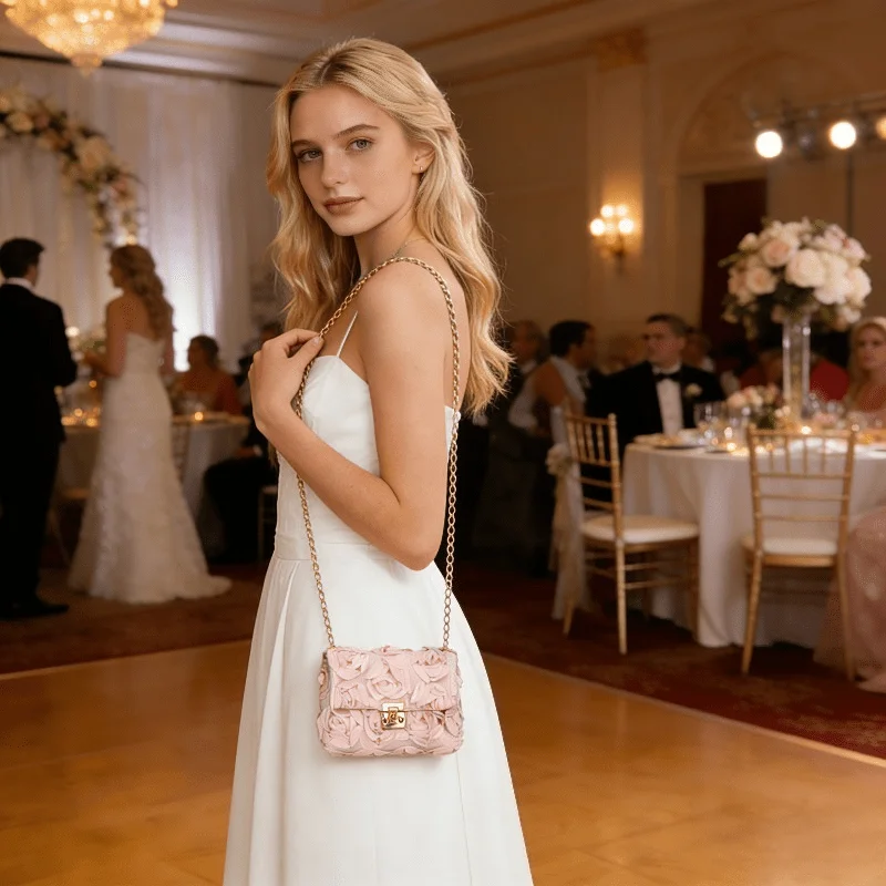 3D Rose Floral Satin Evening Bag with Gold Clasp Detachable Chain Strap Flap Closure Crossbody Purse for Wedding Party Prom view 2