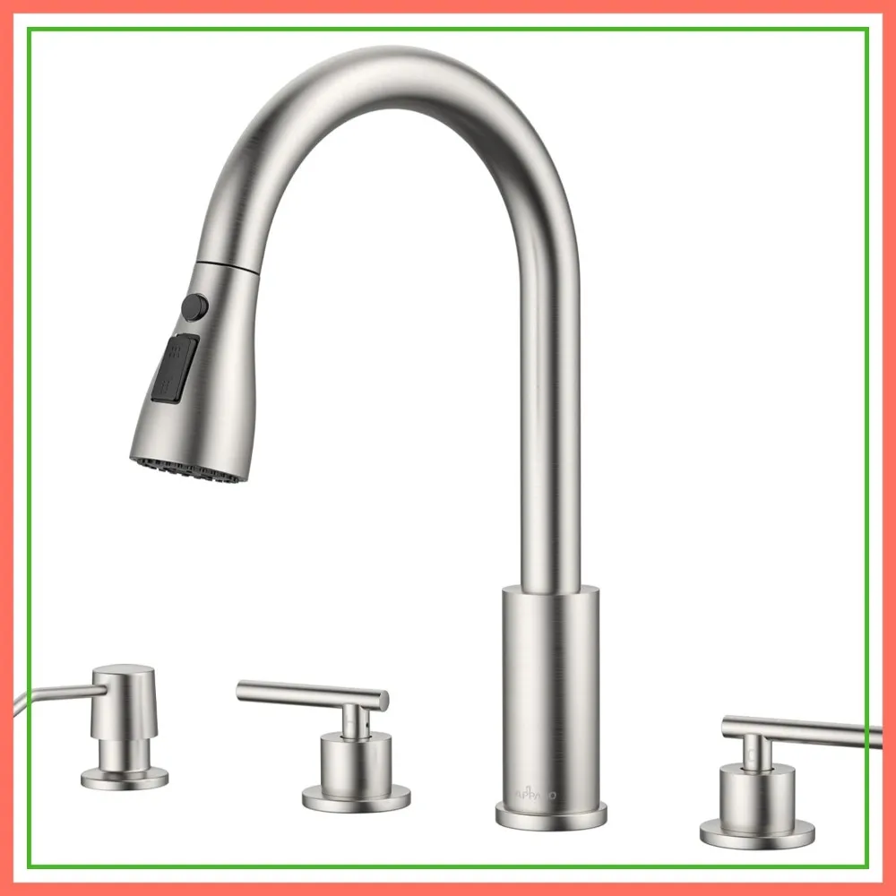 

2 Handle Kitchen Faucet, 3 Hole Sink Faucet with Soap Dispenser, High Arc Brushed Nickel Stainless Steel