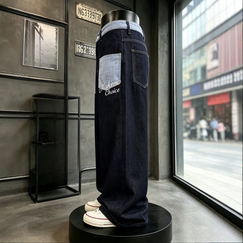 QICHE Men American Vintage Plaid Color‑Block Front Pocket Loose Wide‑Leg Straight Denim Jeans Casual Long Trousers
