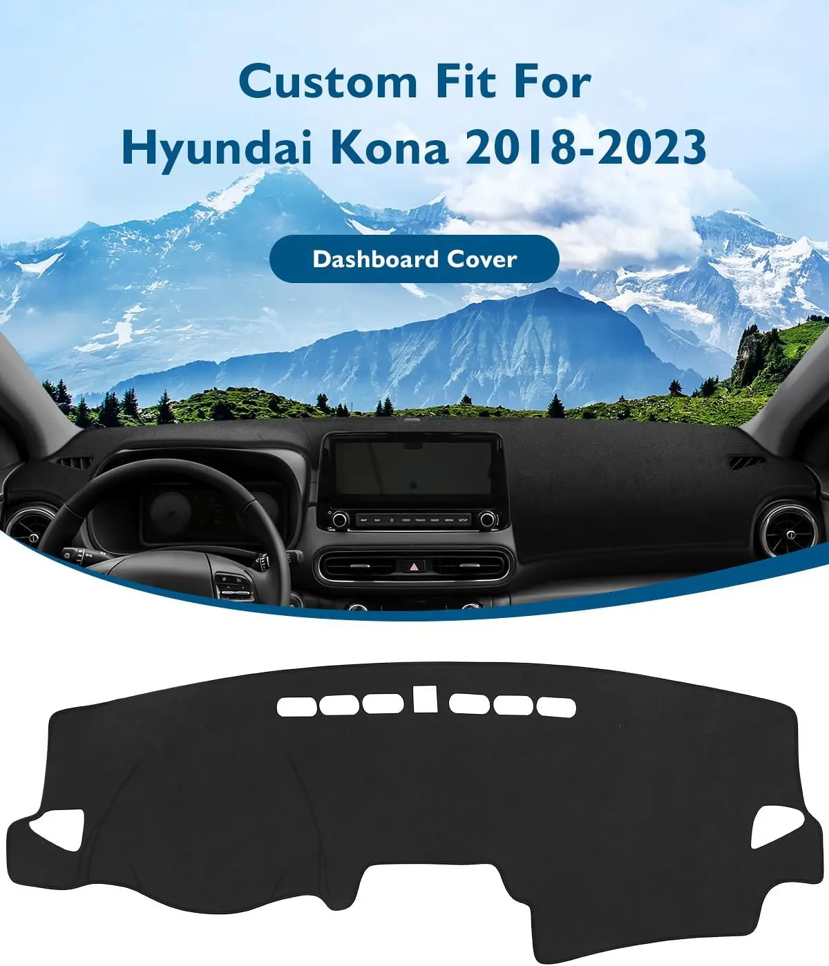 Dash Cover for Hyundai Kona 2018-2023 Accessories Black Dashboard Cover Mat Car Dashboard UV Sun Protection