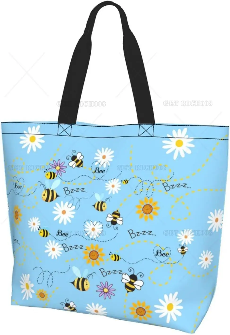 Bee and Daisy Flowers Blue Tote Bag Casual Shoulder Bag Handbag Reusable Shopping Travel Grocery Bag Tote Gifts for Women