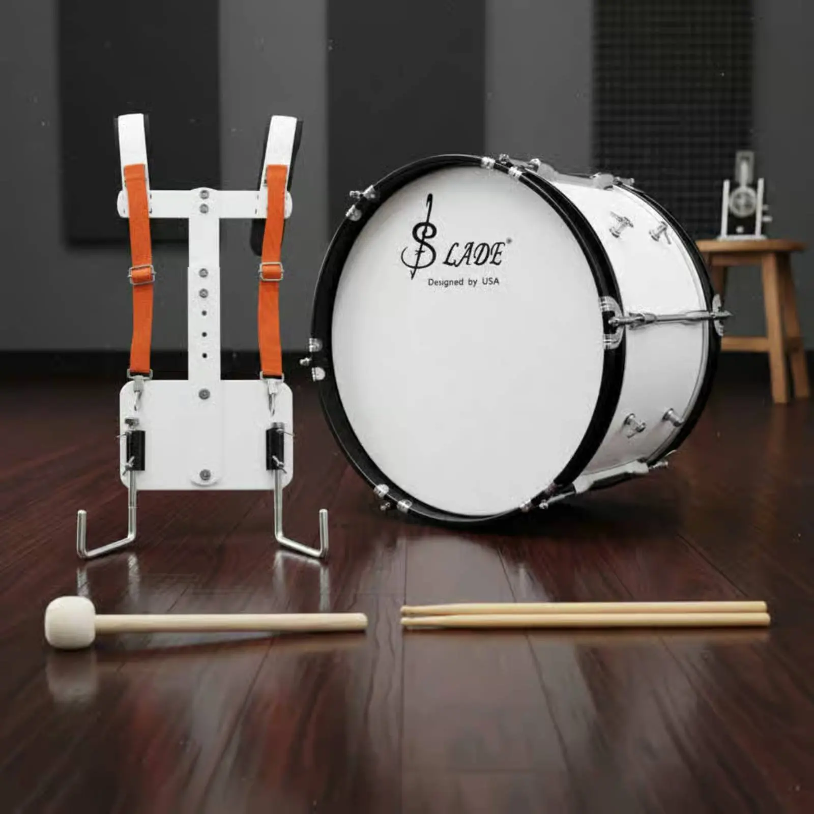 

Marching Bass Drum with Back Frame Covered Finish 16x12 Marching Bass Drum Music Instrument Sturdy Shell Adjustable Harness