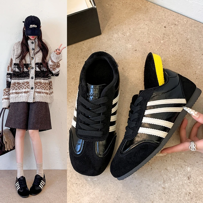 Women Retro Three Stripes Trainers Suede Leather Fleece Lined Lace Up Flat Non Slip Warm Ladies Winter Shoes