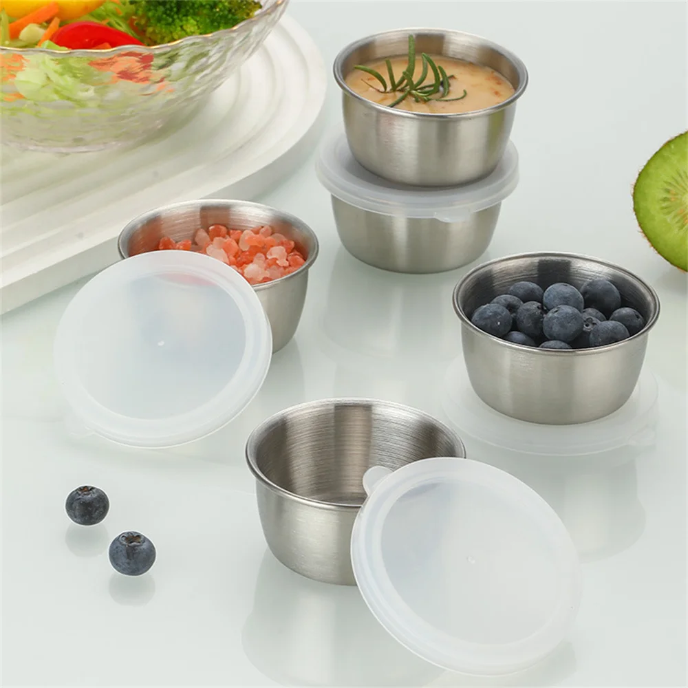 304 Stainless Steel Sauce Seasoning Container 40ml Sauce Cup Silicone Cover Leak-proof Salad Dipping Dish Small Storage Box