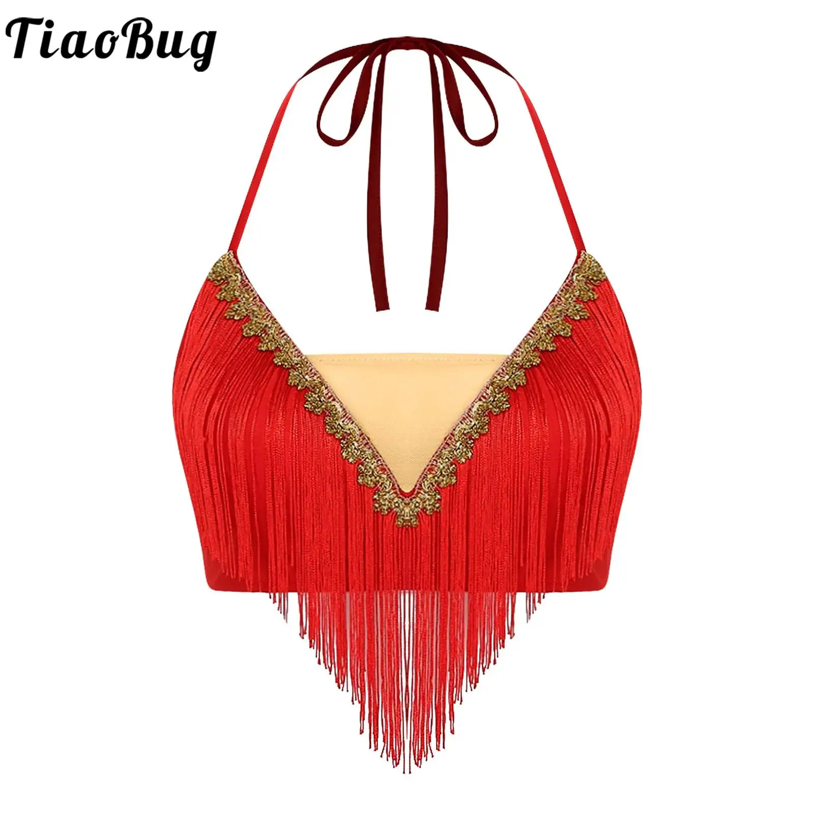 Women Lace-up Tassel Belly Dance Crop Top Vest Bellydance Halter Gold Trim Fringe Camisole Dance Sling Top for Stage Performance