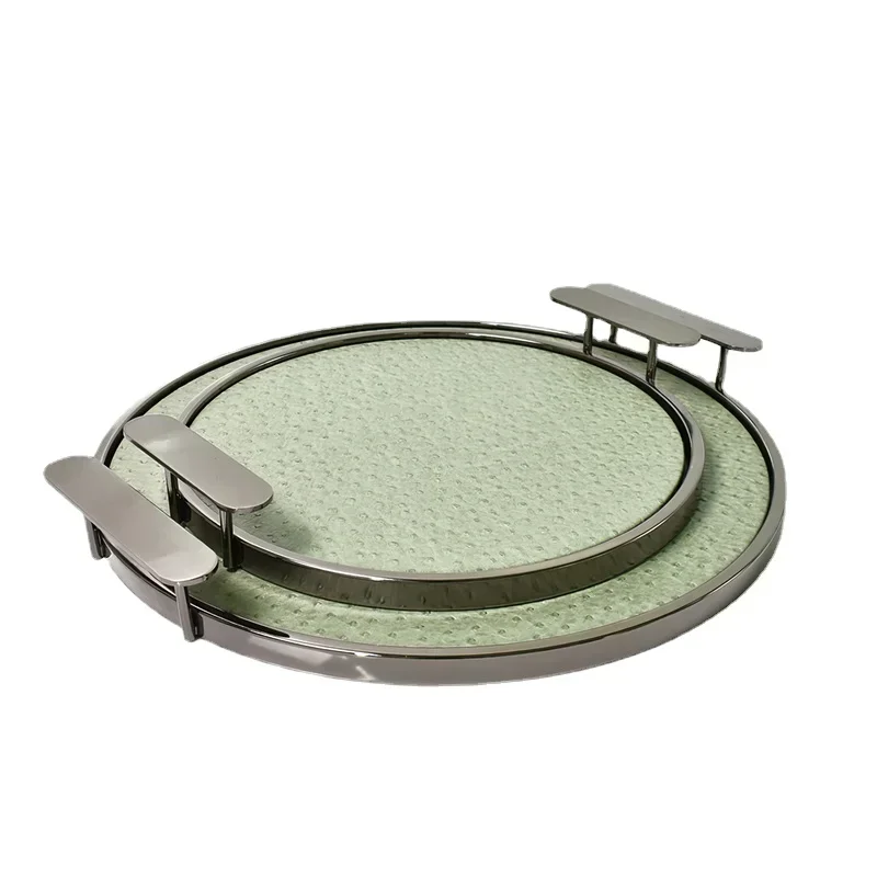 Decorative Metal Leather Presentation Tray Large Green Round Handle Storage Jewelry Makeup Organizer Tray Home Decoration