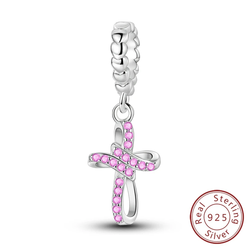 

New In 925 Sterling Silver Pink Eternal Cross Pendant Charms Jewellery Fit Original 925 Bracelet For Women DIY Gift Fashion