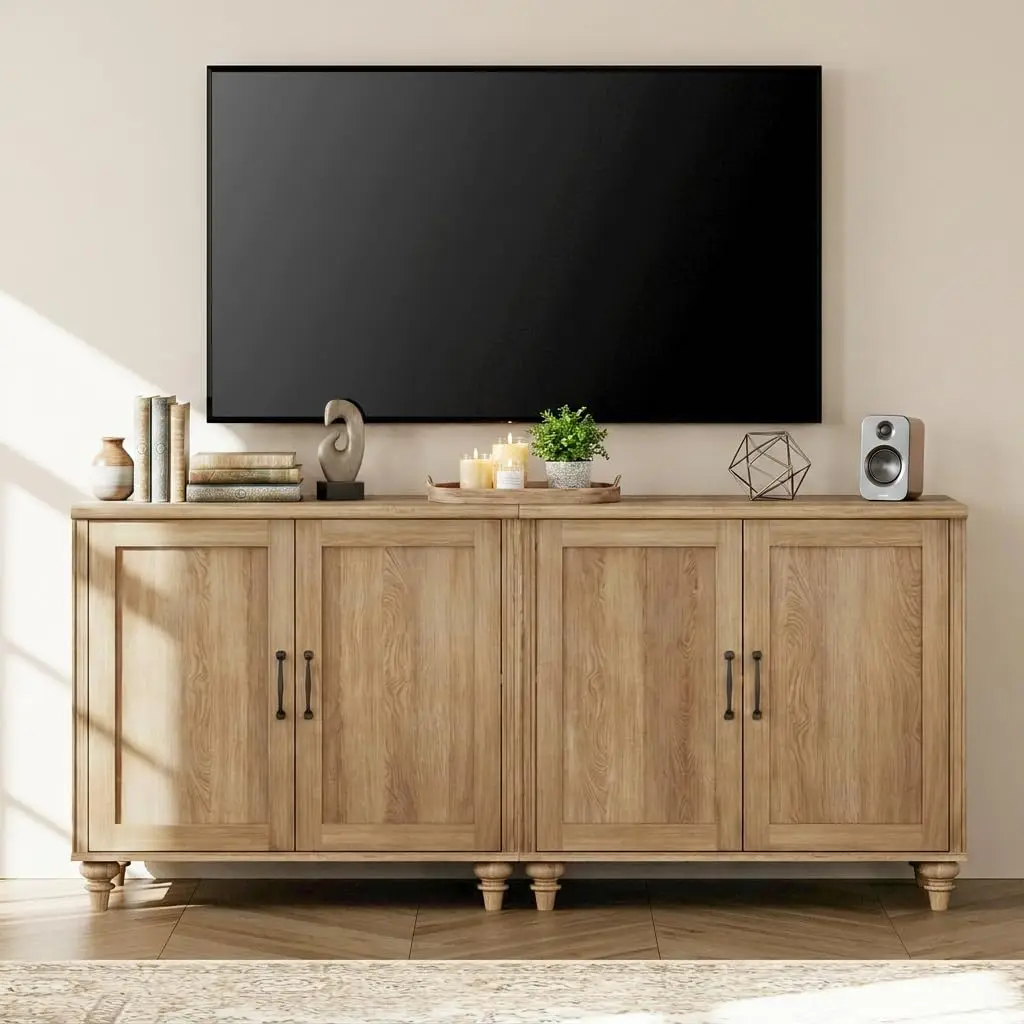 TV Stand for 75 inch TV with 4 Wood Doors, Oak, Customized