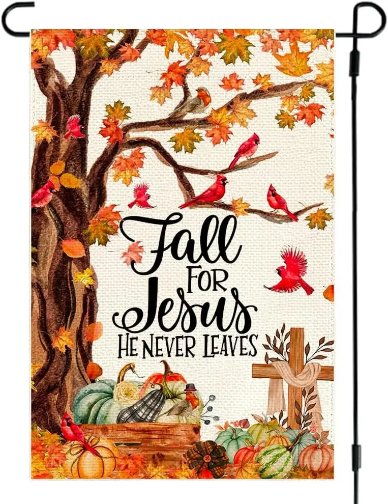 RABUSOFA Fall for Jesus Garden Flag 12x18 Inch Double Sided for Outside, Autumn Maple He Never Leaves Cardinal Pumpkin Outdoor