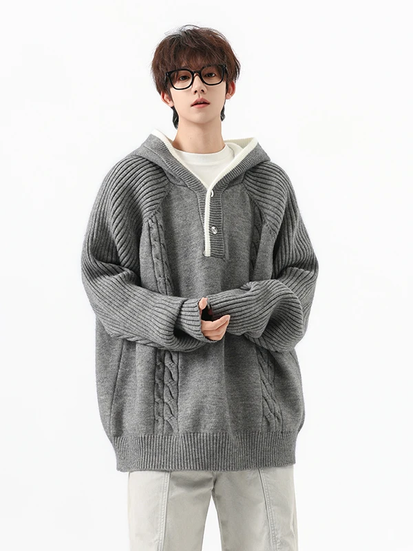 

Trendy Thiened Knitted Men's Pullover Hoodie Twist Yarn Loose Fit American Sle Winter Casual Wear Warm Long Sve Hat