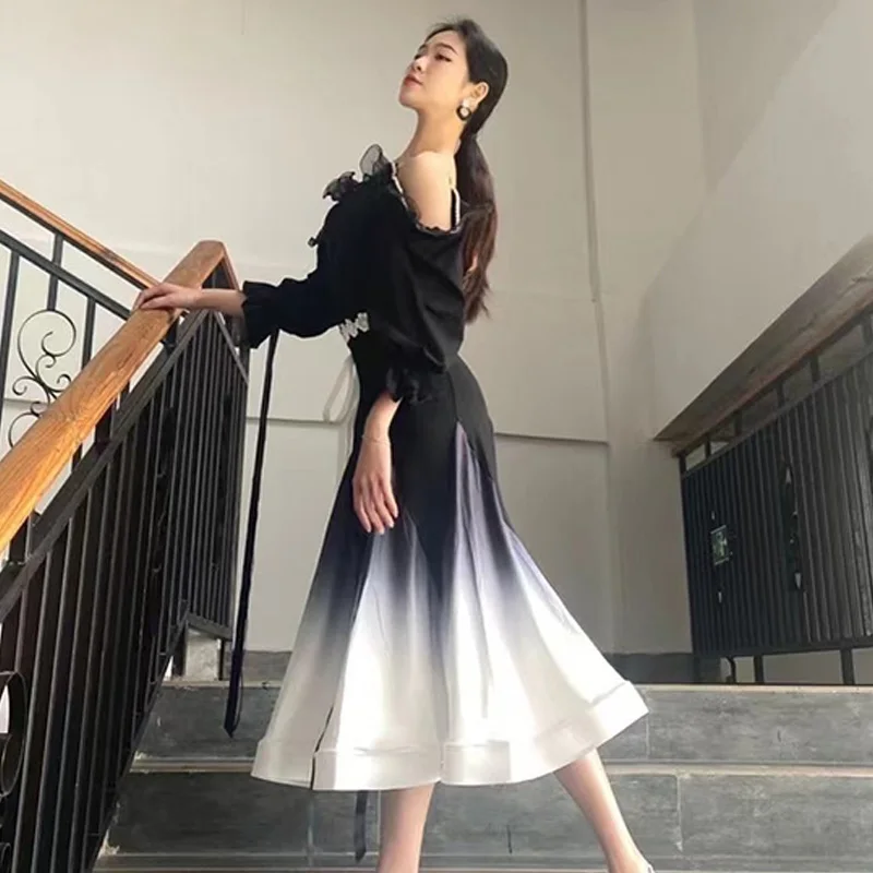 Standard-Ballsaal-Tanzkleid, schwarz, schulterfrei, Walzerkleid, Damen, Tango, modernes Tanzkostüm, Ballsaal-Übungstanzkleidung 2693