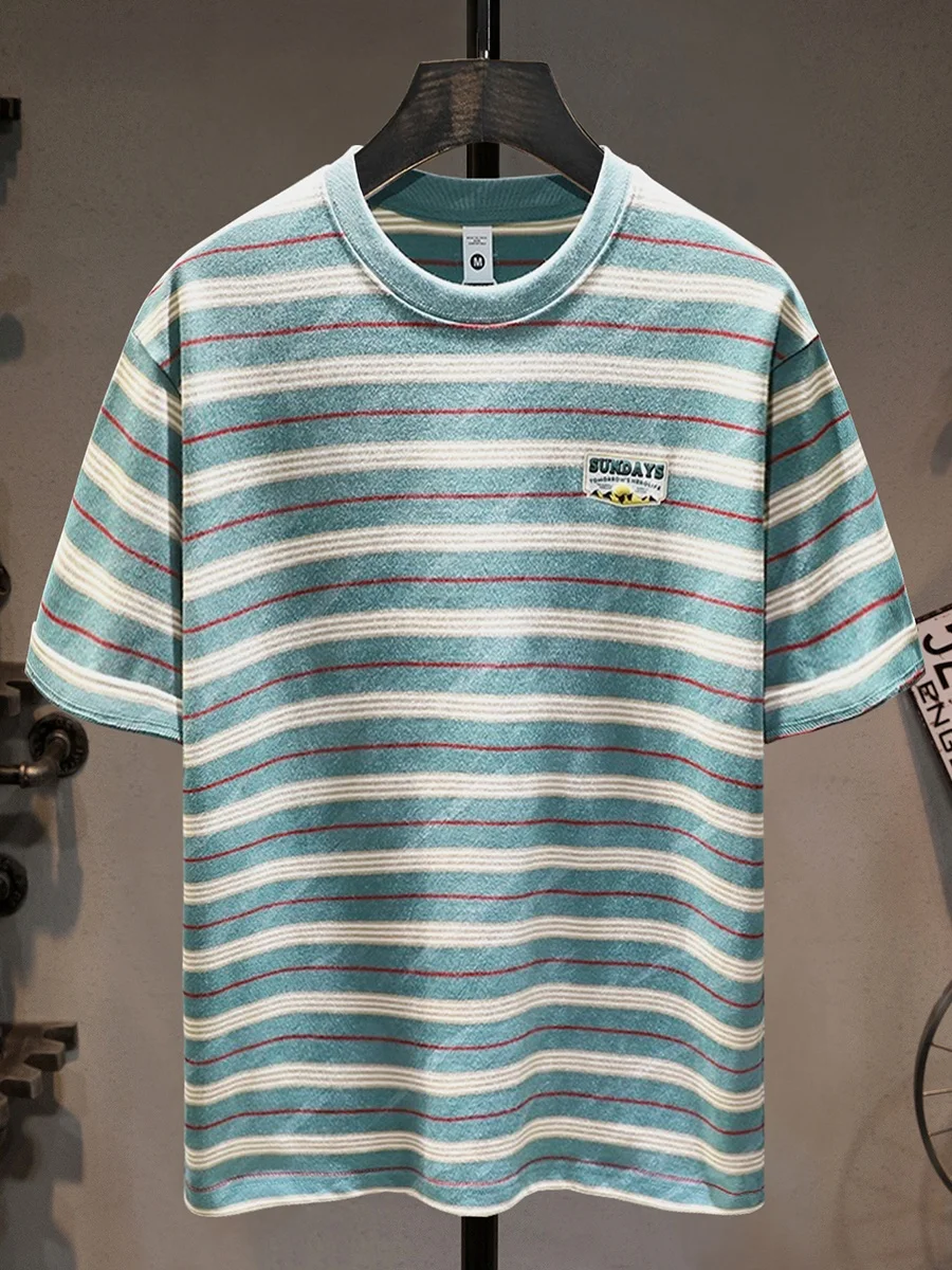 

Мужская летняя футболка из высококачественного хлопка в полоску, модная, брендовая, американская, плотная, молодежная, повседневная, с круглым вырезом