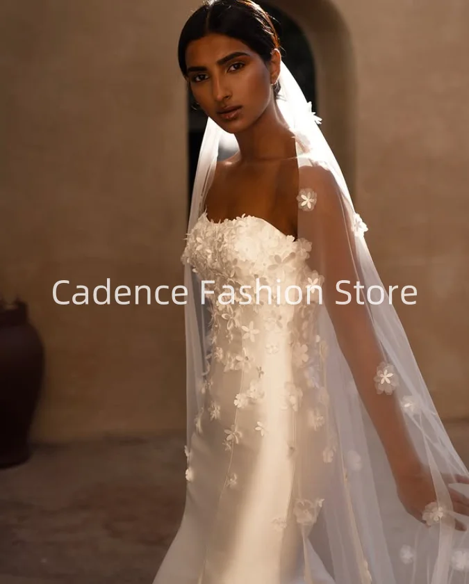 Белое элегантное женское атласное свадебное платье без бретелек по индивидуальному заказу, свадебные платья с 3D аппликацией, 2025 г.