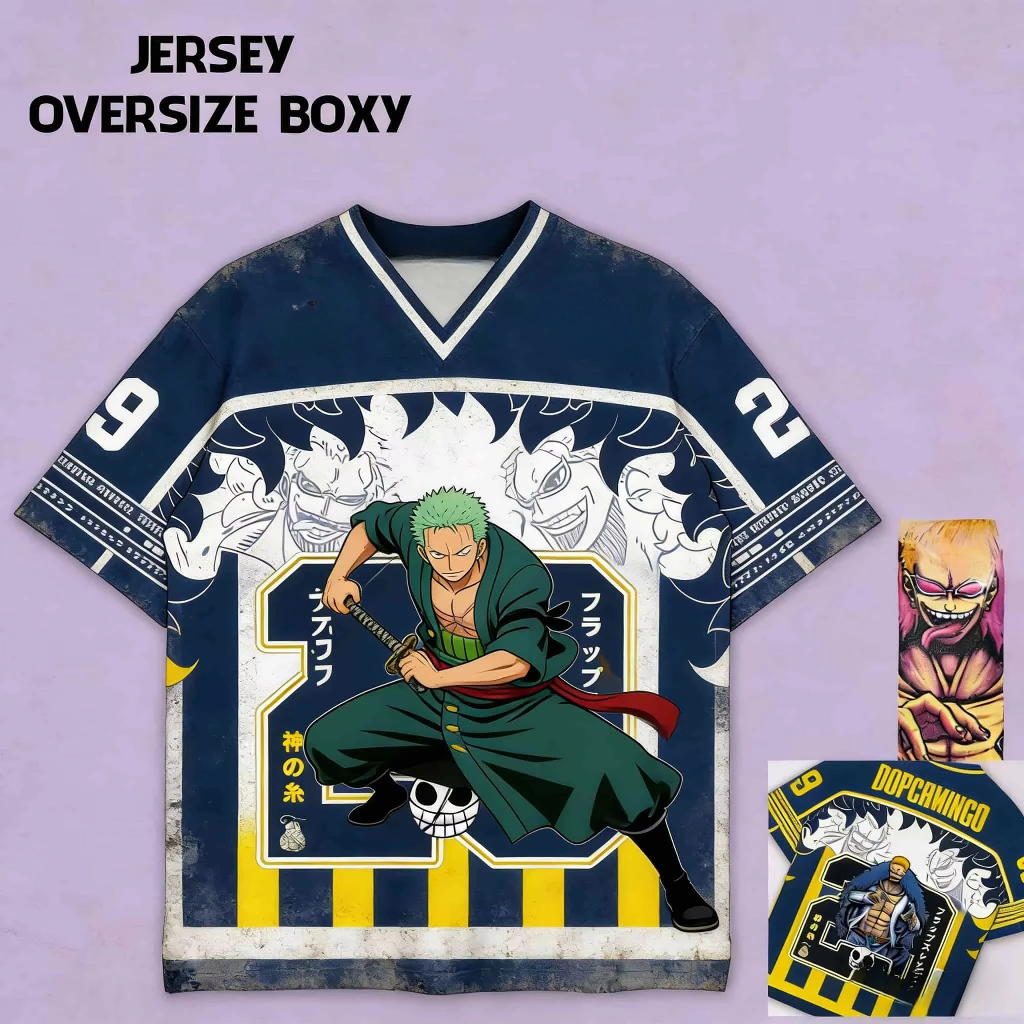 

2026 New Summer One Piece Zoro Oversized Jersey, Blue & Yellow Anime Graphic T-Shirt, Loose Fit Streetwear for Men Women