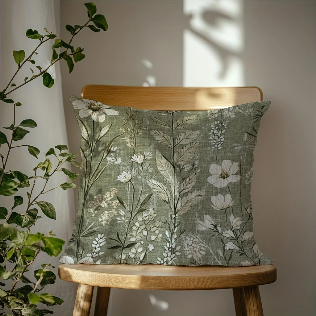 1pc Sage Green Wildflower Pillow Cover, Polyester 2D Double-Sided Print, Soft Throw Pillow Case, Farmhouse Decor, Perfect Gift f