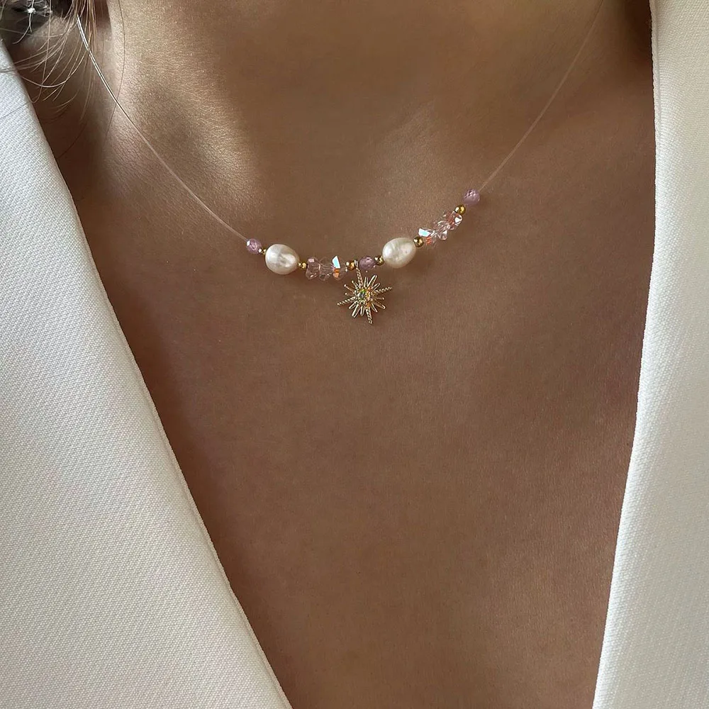 Fashion Simple Shaped Natural Freshwater Pearls Zircon Heart Necklace For Women Female Girl Baroque Choker Jewelry Gift N0495