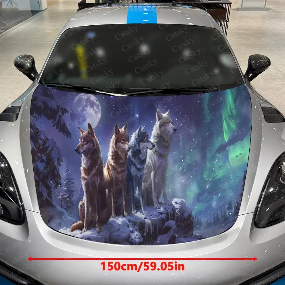 Snowy Wolf Shadow Car Vinyl Wrap, PVC Material Waterproof Car Hood Sticker, Self-Adhesive Scratch-Resistant Stickers for Engine