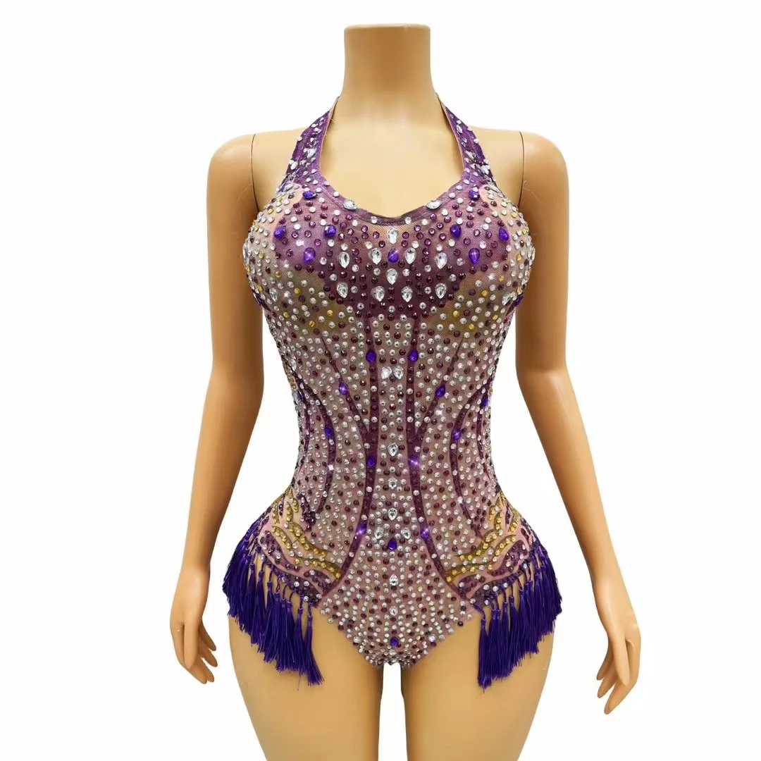 Flashina-Bodysuit Strass Sem Mangas, Franjas De Prata Roxo, Roupa Sexy, Traje De Celebração Do Aniversário À Noite, Shanyao C286