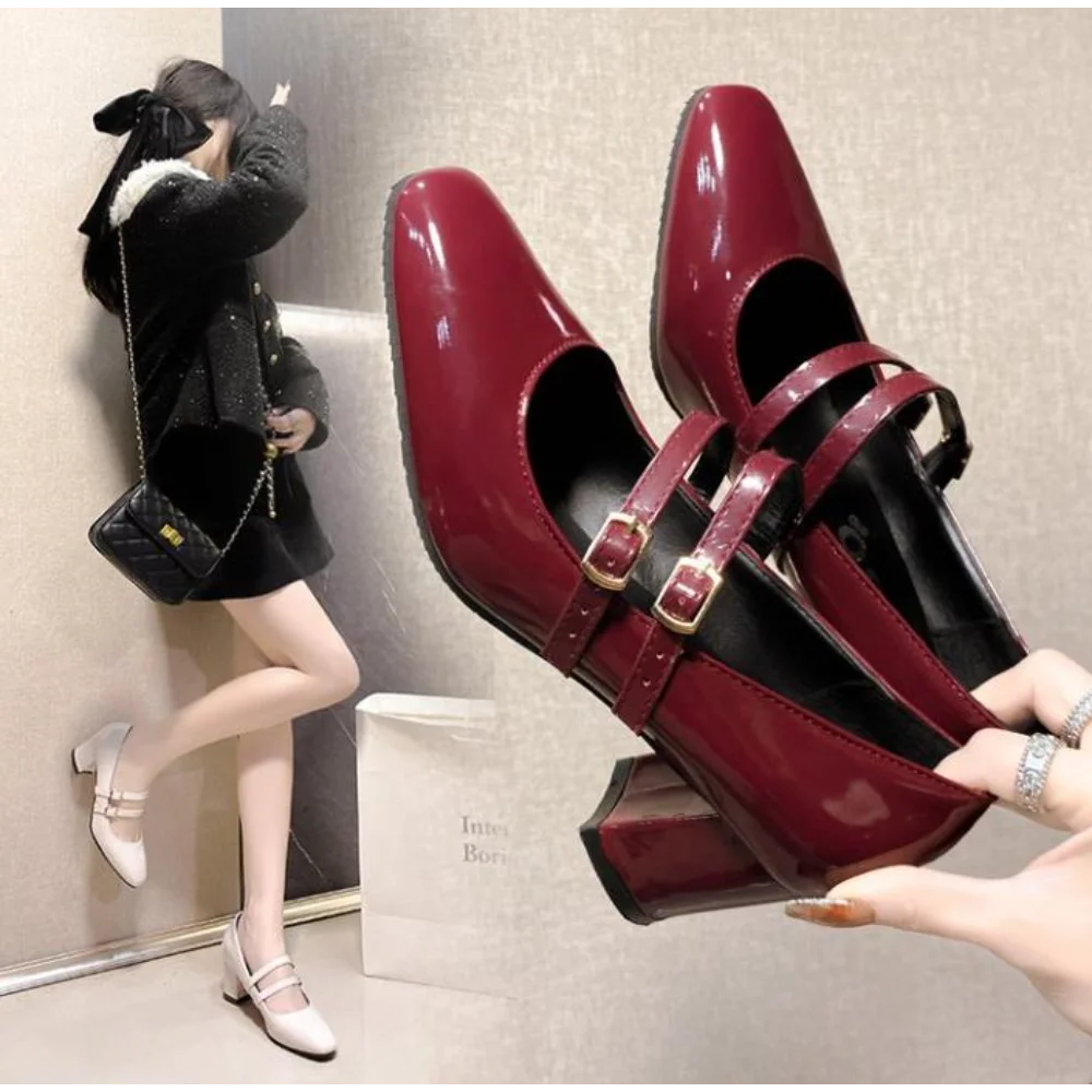 

Spring Autumn Women Double Buckle Mary Janes Shoes Patent Leather Dress Square Head Square Heel Solid Color Women's Shoes