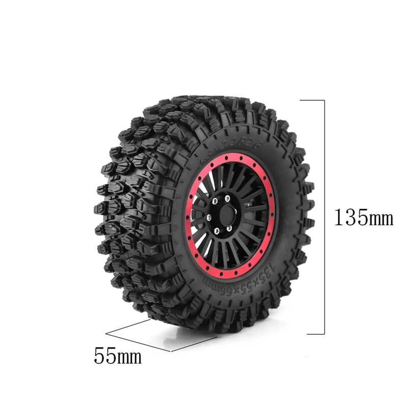 4Pcs 135mm 2.6 Inch Metal Beadlock Wheel Rim Rubber Tire Set for 1/8 1/10 RC Crawler Car Axial SCX10 Wraith RR10 Capra,2