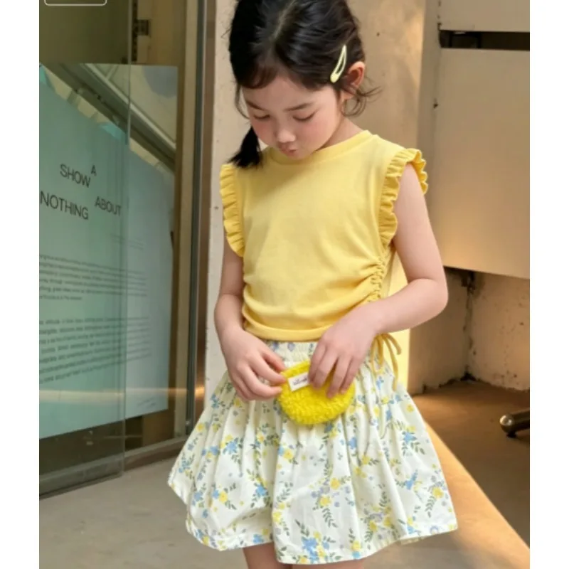 Girls' Set Korean Retro Cotton Shorts for Spring and Summer New Floral Puffy Skirt and Solid Color Vest