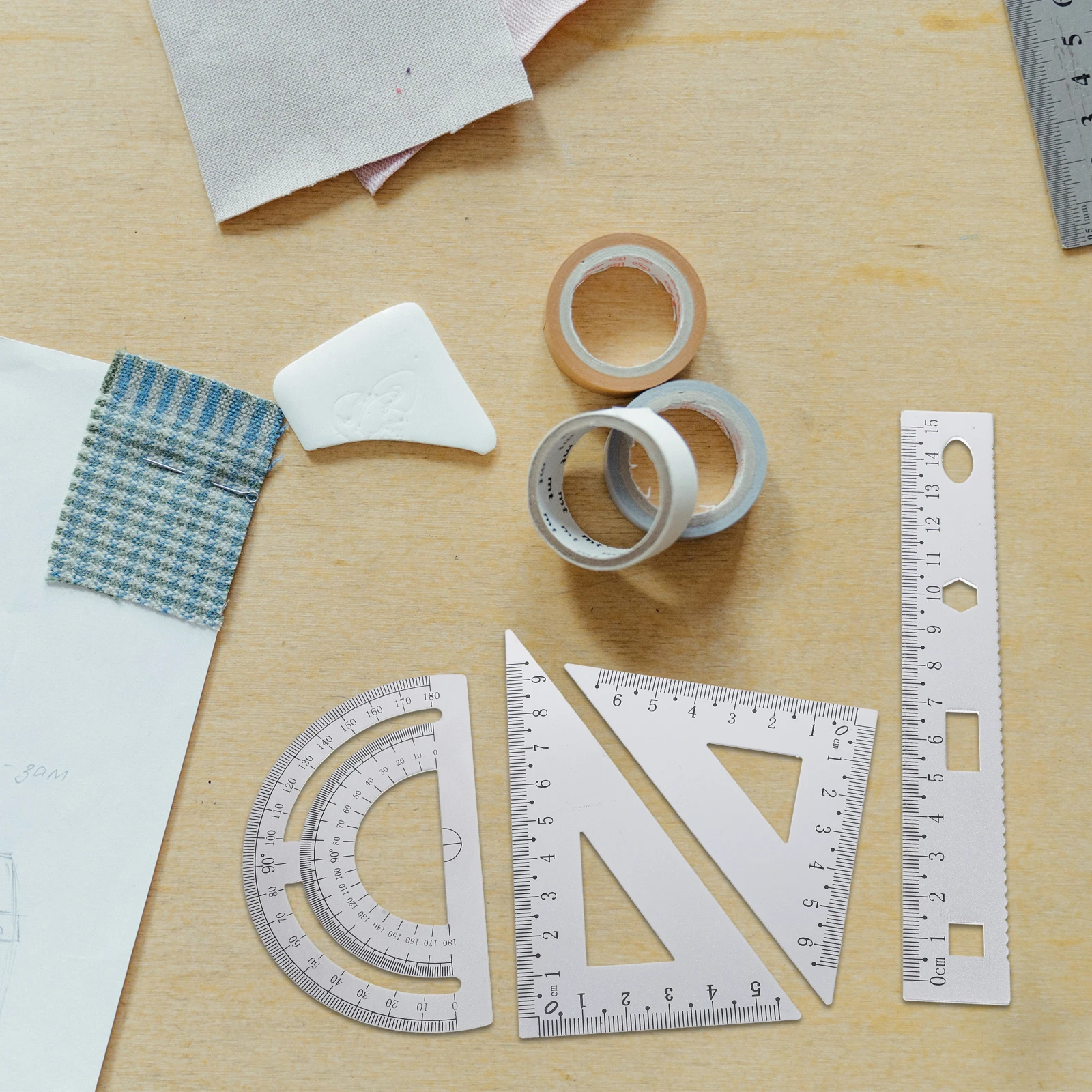 1Set Metal Ruler Set Silver Stationery Set for Students Architects Artists Includes Straight Ruler Triangle Plate