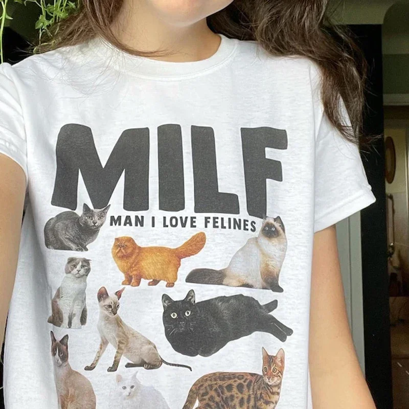 Plus Size Women Funny Meme T-Shirt MILF Man I Love Graphic Tees Casual Short Sleeve Cat Lover T Shirt Cat Mom Shirt Cute Tops