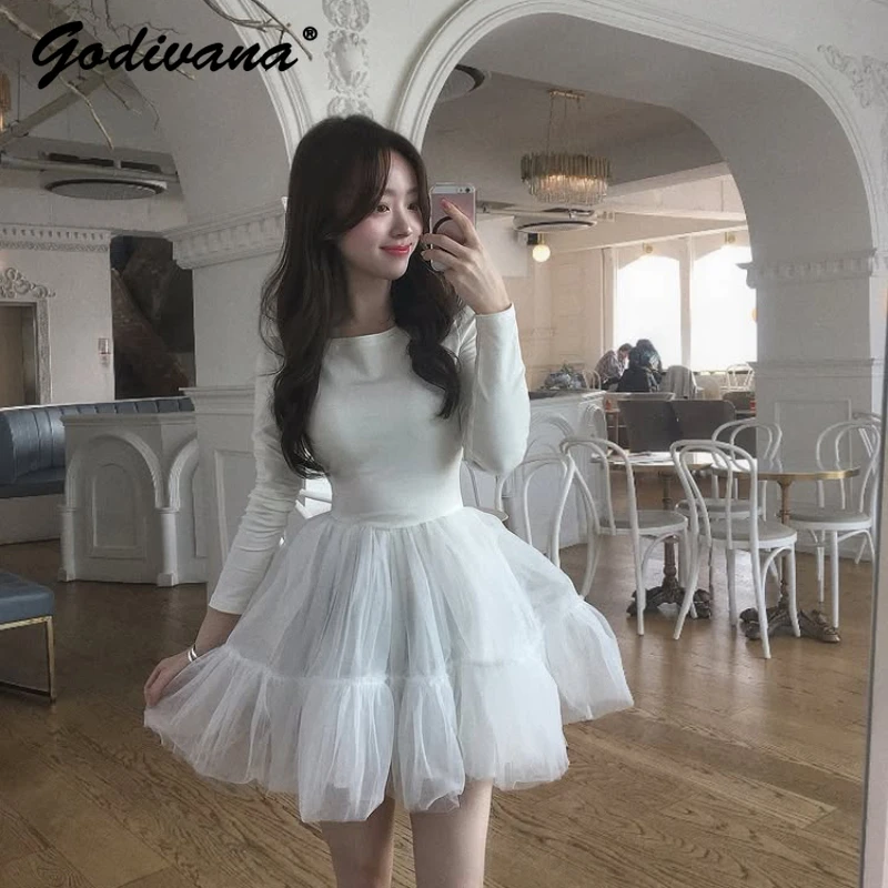 日本の新しいチュールステッチ長袖 Tシャツドレス女性のバレエスタイル甘いハイウエストカジュアルメッシュショートドレス