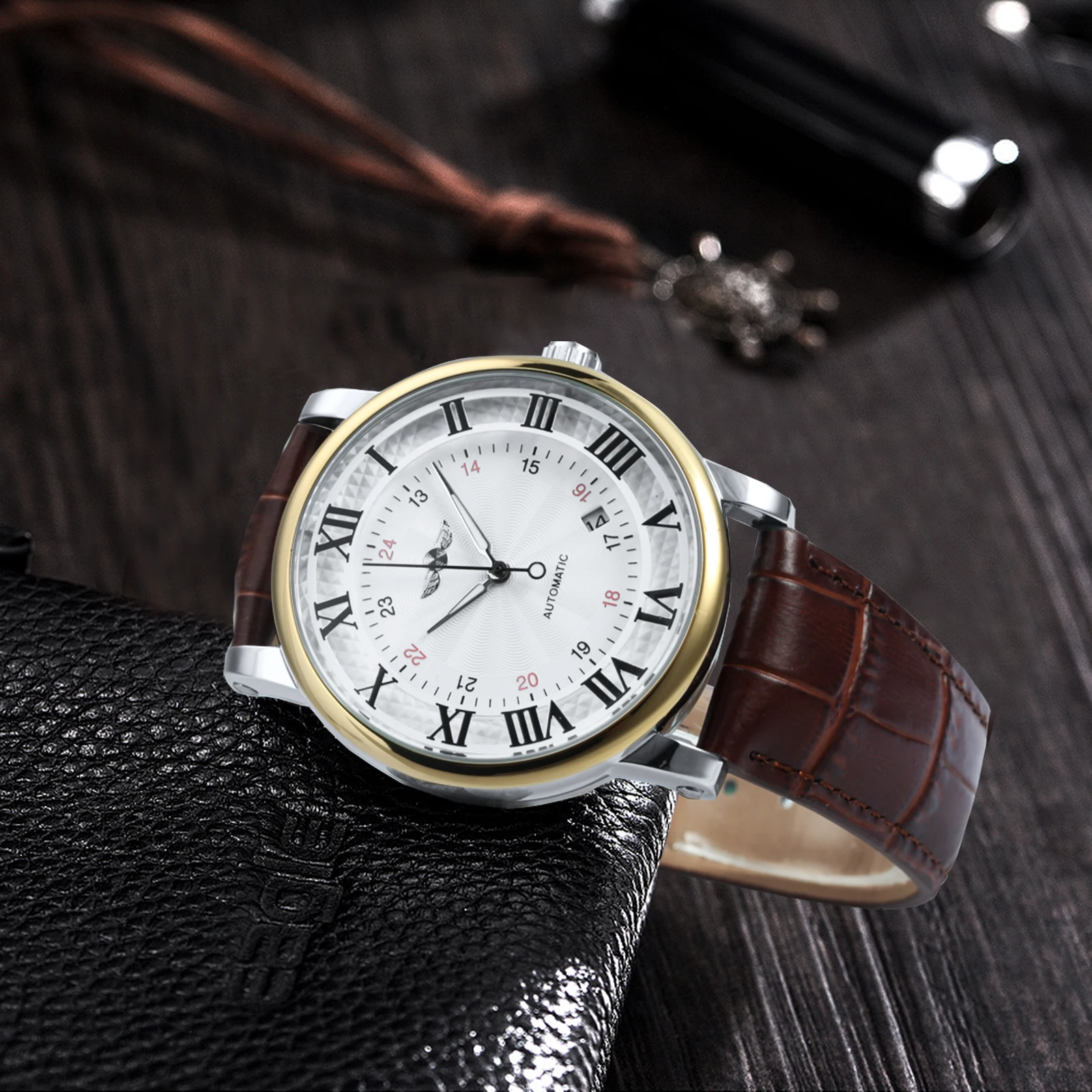 WINNER Fashion Business Mechanical Watches Date Display Minimalist Automatic Watch for Men Casual Brown Leather Strap Wristwatch