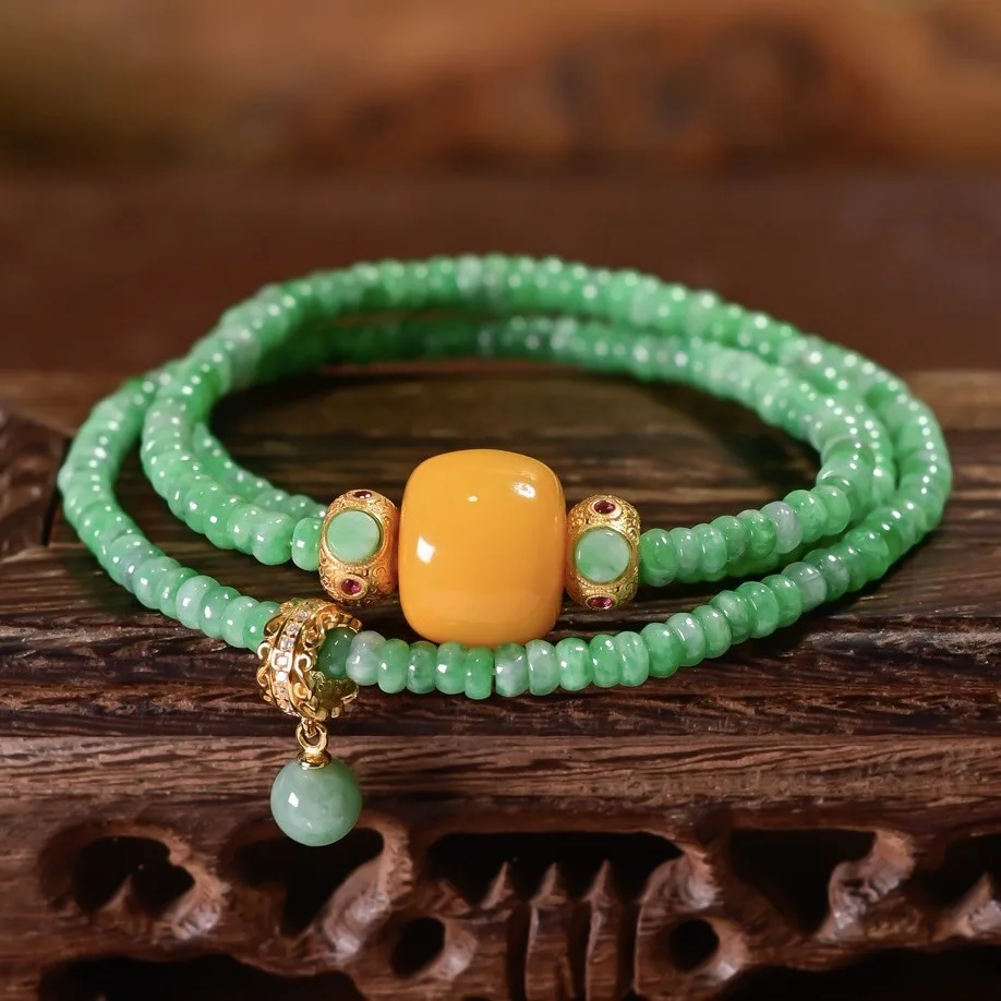 Natural A‑Grade Jadeite Multi‑Loop Bracelet, Vintage Amber Drum Bead, S925 Gold‑Plated Silver, Chinese Style Stackable Bracelet