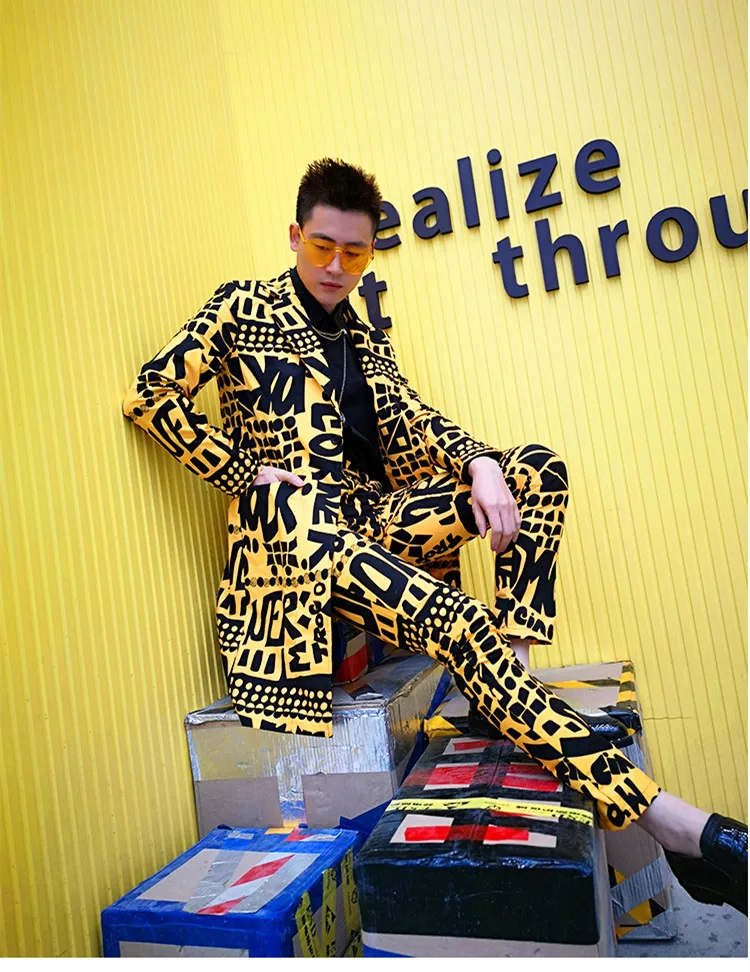 XS-6XL Men Long Casual Slim Fit Letter Printed Suit Coat+Pants 2pcs Set Nightclub Hip Hop Male Singer Stage Concert Costume Outf