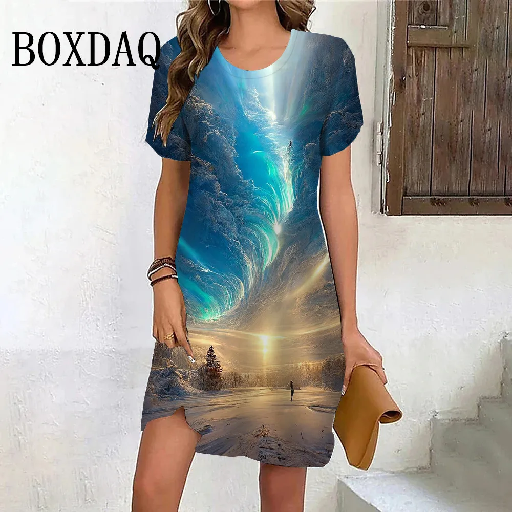 

Loose Leisure Dress Fashion Women Basic Dress Summer Short Sleeve Round Neck Dress Ladies Dream Natural Scenery 3D Printed Dress