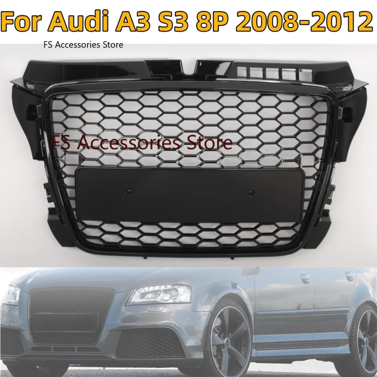 

Решетка переднего бампера автомобиля для Audi A3 S3 8P 2008-2012, глянцевая черная гоночная решетка, верхняя решетка в стиле RS3, крышка сотовой решетки