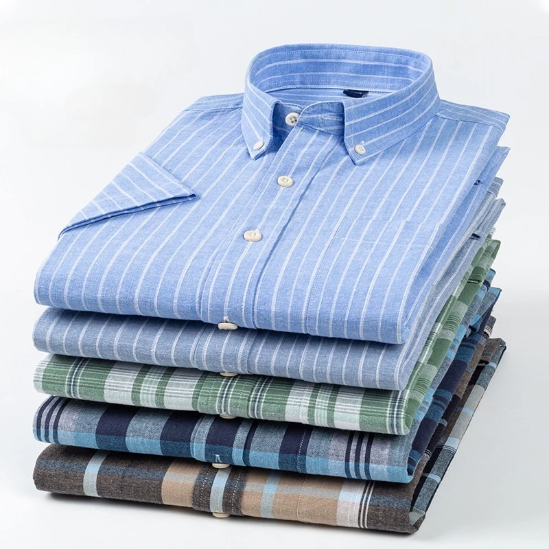 

Linen cotton summer plaid short sleeve shirts for man slim fit formal plain shirt casual striped tops designer office clothes