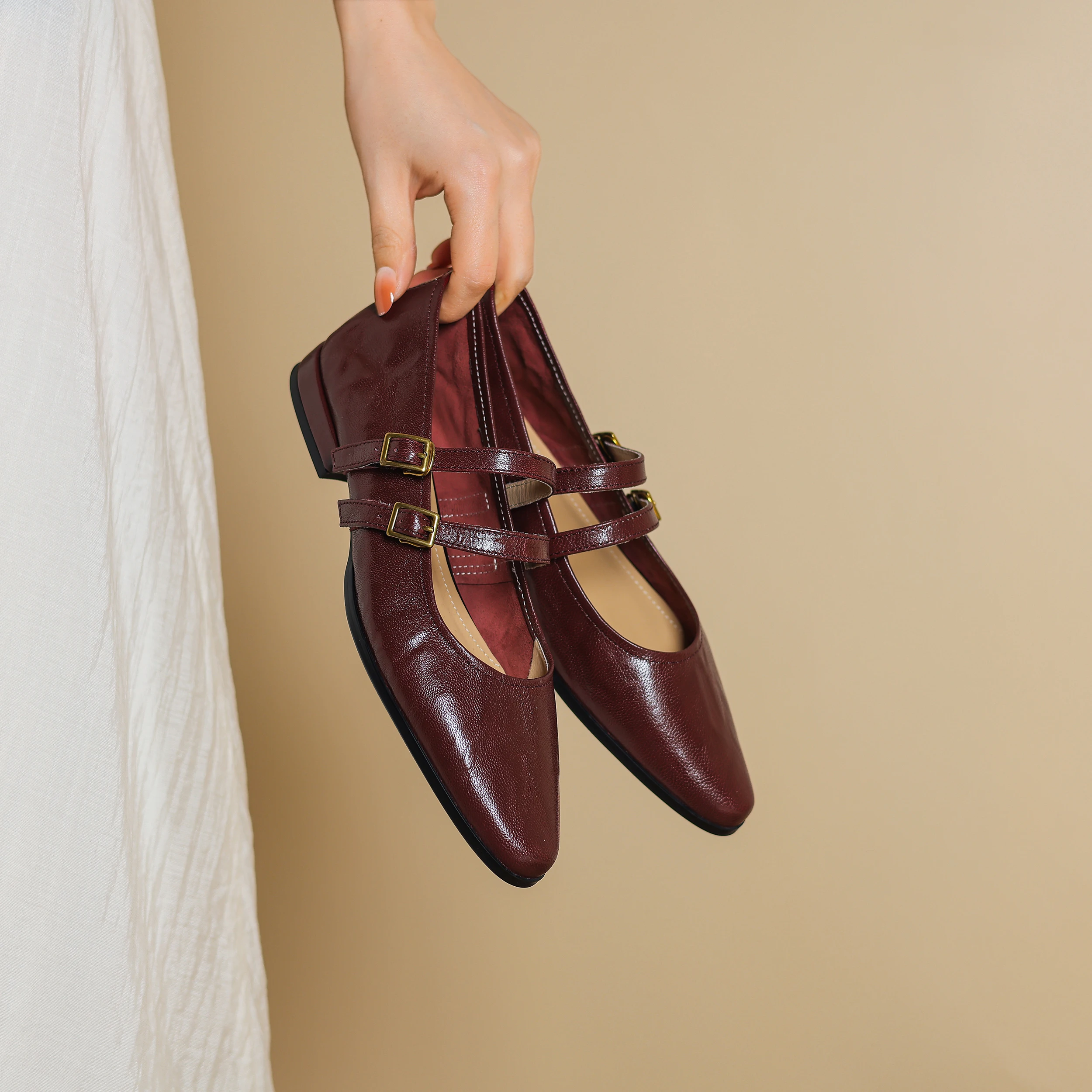 

Genuine Leather Sheepskin Pointed Toe Women Mary Jane Shoes Shallow Double Buckle Women's Shoes 2CM Elegant Low High Heels